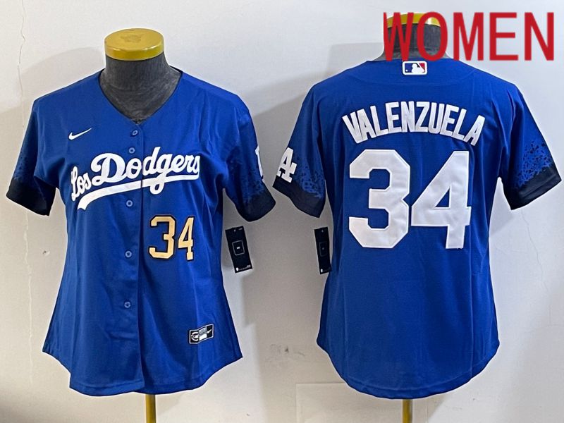 Women Los Angeles Dodgers 34 Valenzuela 2024 blue jersey 2024112006